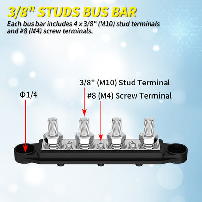 12VDC 250A Bus Bar 4xM10 Studs 3 #8 Screws Copper Terminal Block 12V Junction Block for Automotive and Solar Applications