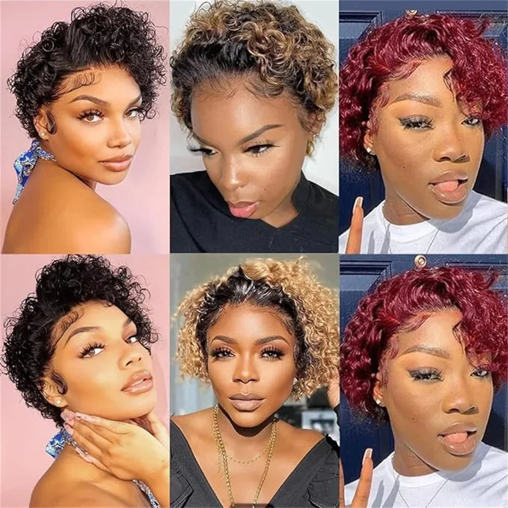 Burgundy Pixie Cut Curly Kinky 6 Inches Stretched Length 13X1 Lace Glueless Short Long Raw Human Hair Frontal Wig Wholesale