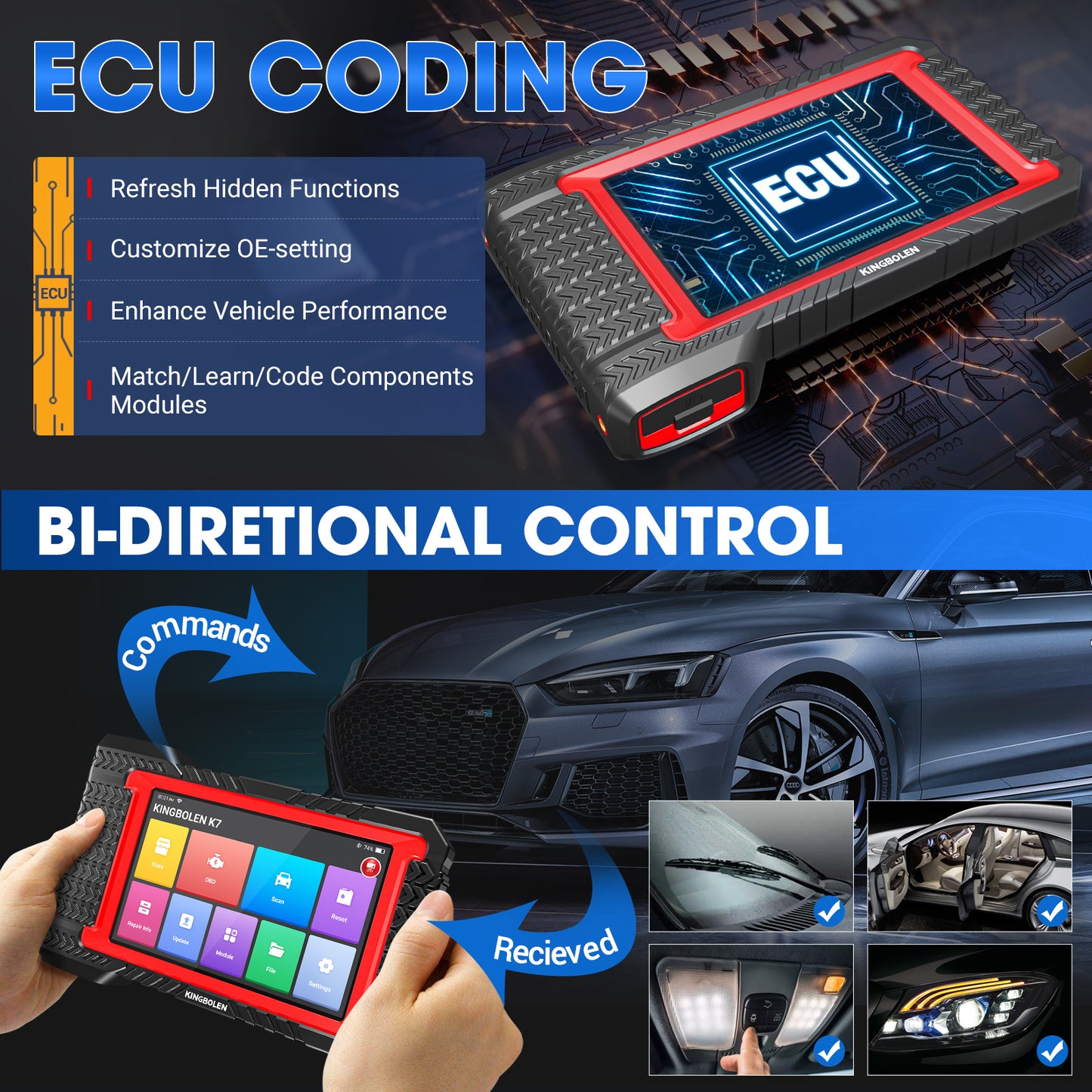 KINGBOLEN K7 OBD2 Scanner Bidirectional Diagnostic Tool 3-Year Update 28+ Reset Service ECU Coding  All System THINKSCAN MAX 2