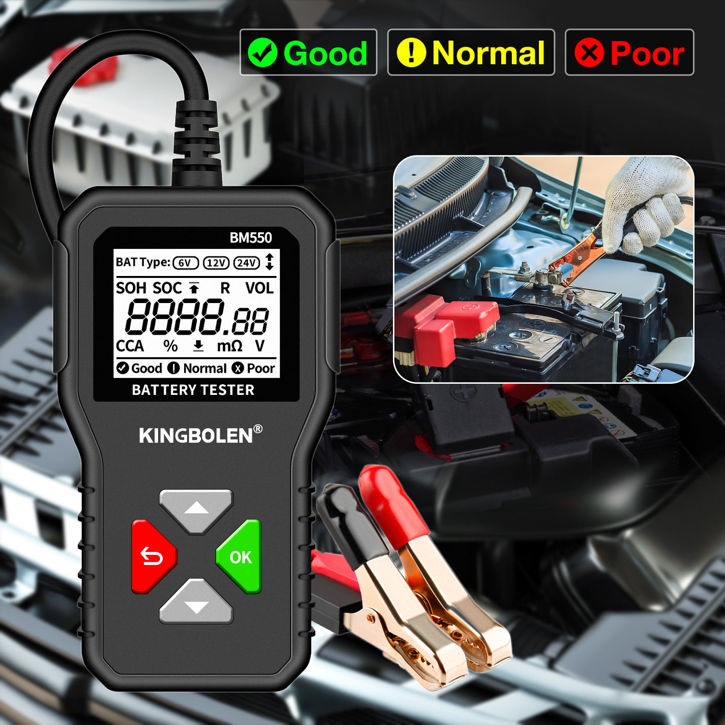 Battery Tester Tools KINGBOLEN BM550 6V 12V 24V Automotive Diagnostic Tools 100-2000 CCA Tester 2Ah-220Ah Battery Analyze