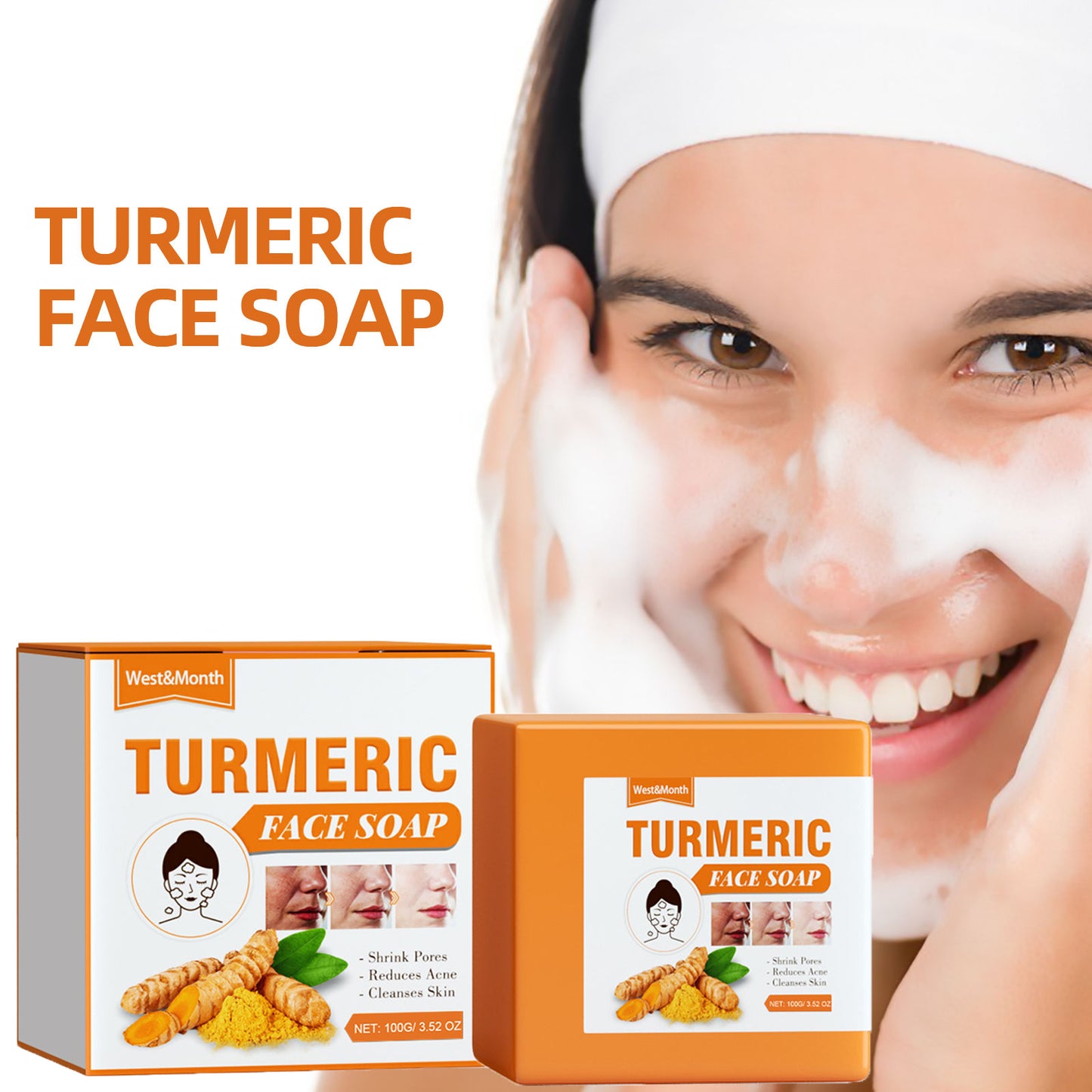 West&Month Turmeric Face Soap Facial Repair Gentle Cleansing Fade Spots Smooth Fine Lines Facial Soap