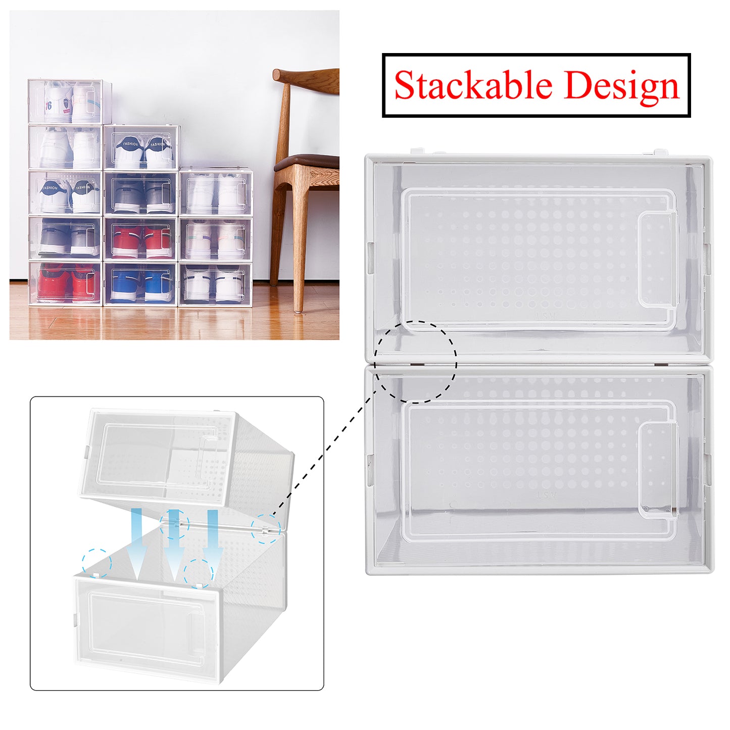 Pack of 8 Transparent and White Shoe Storage Organizers, Stackable Clear Plastic Boxes for Closet, Sneakers