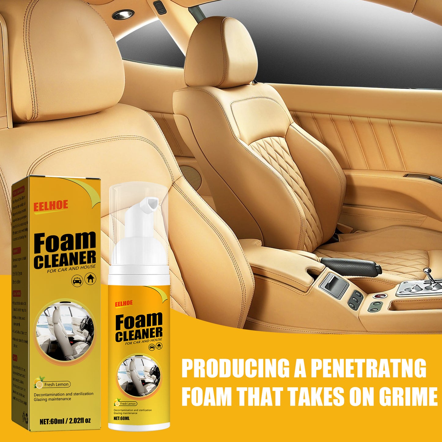 EELHOE Car Steering Wheel Foam Cleaner Genuine Leather Seat Cleaner Multi-Functional Interior Cleaning Agent