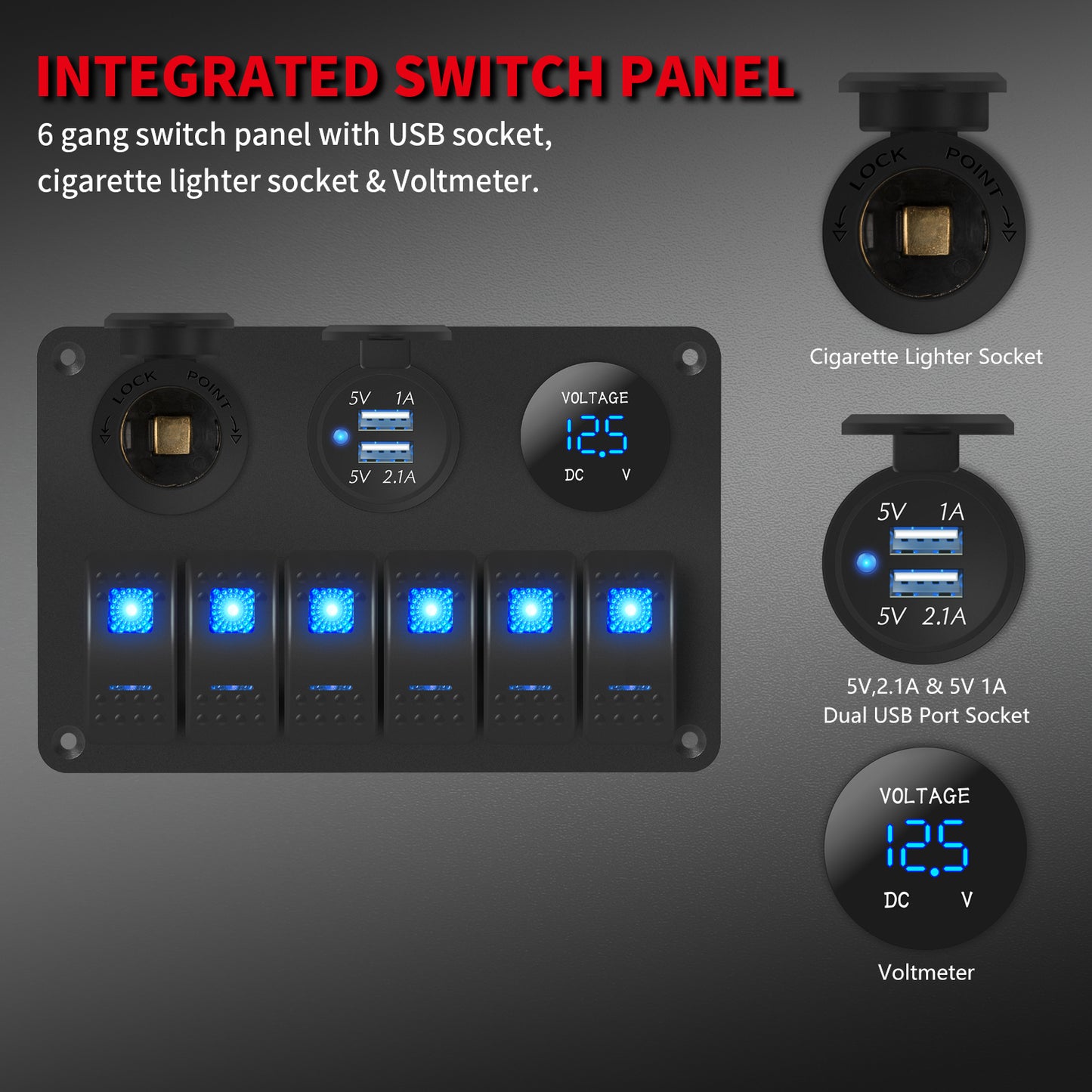 20A 6 Gang Marine Switch Panel Aluminum 5 Pin LED Rocker Switch with 12V Socket and 2-Port USB Charger and Voltmeter