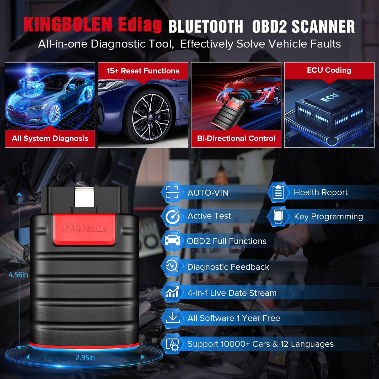 Kingbolen Ediag Old Version All Systems OBD2 Diagnostic Tools With 15 Resets Scanner ECU Coding Active Test All Software 1 Year