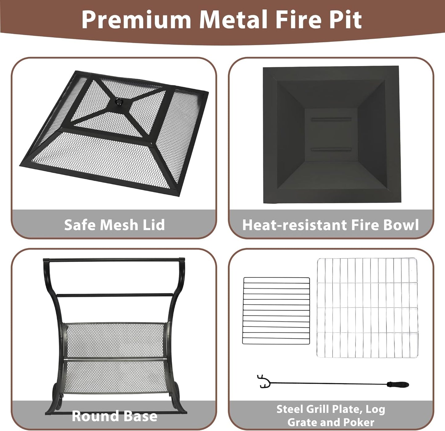 Danlong 31-Inch Steel Outdoor square Wood Burning Fire Pit With Wheels,fireplace for BBQ