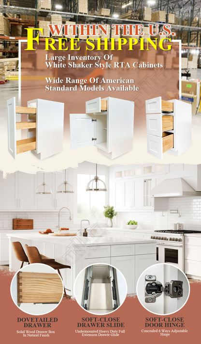 White Shaker B12 W12" *H34 1/2" * D24" Single Door Base Kitchen Cabinet RTA Kitchen Cabinet - Quick Delivery From U.S. Inventory