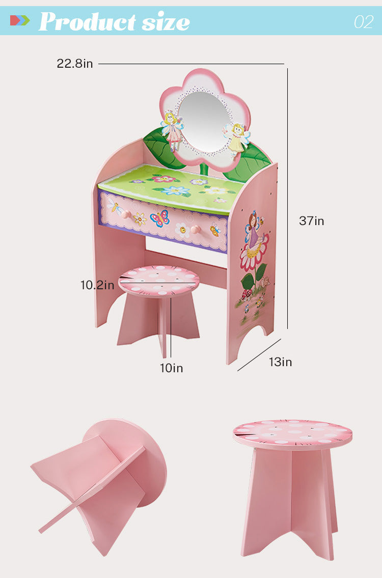 Pink Kids Playroom Dressing Toy Table Girls Pretend Makeup Princess Bed Birthday Party Gift Wood Material