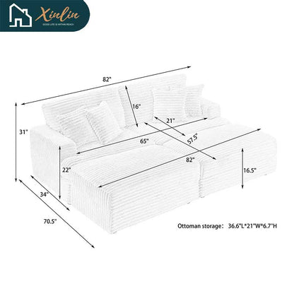 US Luxury Modern Oversized Double Chaise Loveseat Couch Fluffy Corduroy Fabric Free Shipping Home Furniture Living Room Bedroom