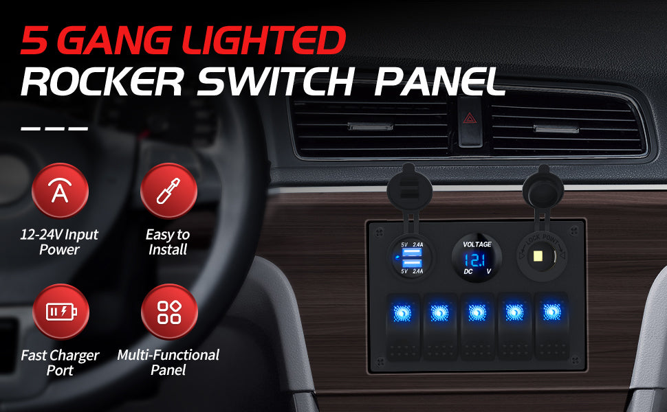 IP65 5 Gang Panel Switch Marine Electrical SPST Single Blue LED Rocker Switch Panel With  DC Socket Voltmeter 4.8A USB Charger