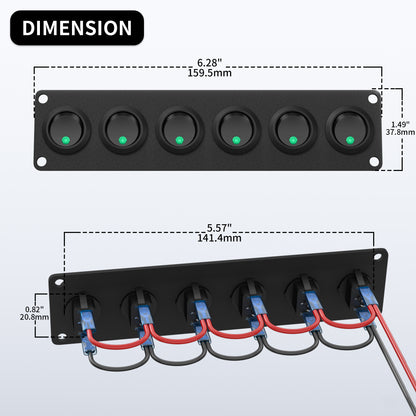 Black Aluminum 6 Gang Marine Switch Panel Waterproof 20A 3Pin on OFF Light Switch Plate Round Rocker Switch Illuminated Green