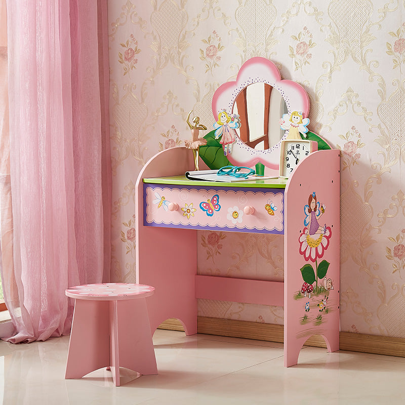 Pink Kids Playroom Dressing Toy Table Girls Pretend Makeup Princess Bed Birthday Party Gift Wood Material