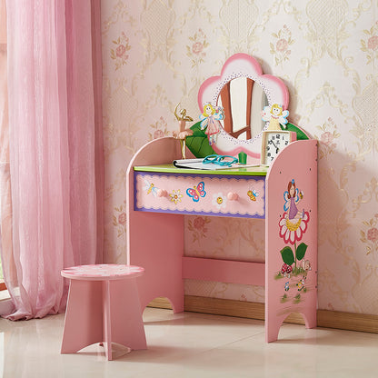 Pink Kids Playroom Dressing Toy Table Girls Pretend Makeup Princess Bed Birthday Party Gift Wood Material