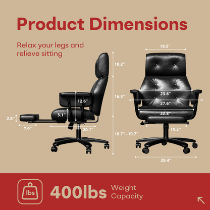 Ergonomic Leather High Back Executive Office Chair 400lbs Reclining Big Tall Chair with Wide Seat and Footrest