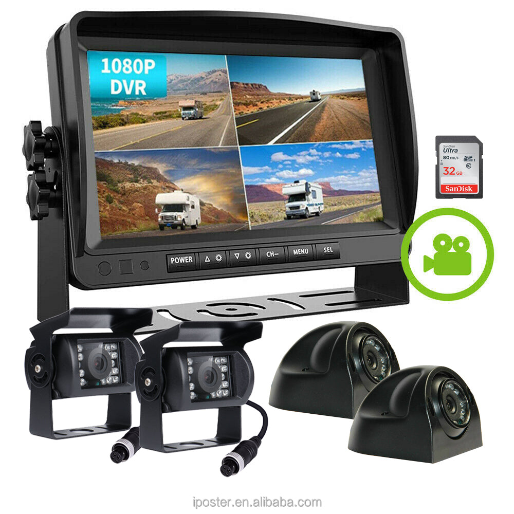 IPoster CCD Reverse Camera and 9in 1080P Quad Split Loop Recording Monitor Waterproof with DVR 9in IPS Ahd Monitor Kit