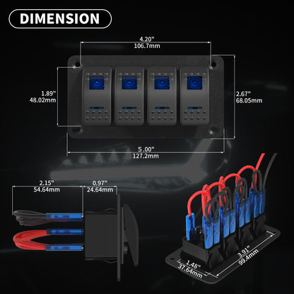 Rocker Switch Panel 4 Gang Aluminum Waterproof 12V/24V Toggle Switch Panel On-Off Car Boat Pre-Wired Switch Panel for Car