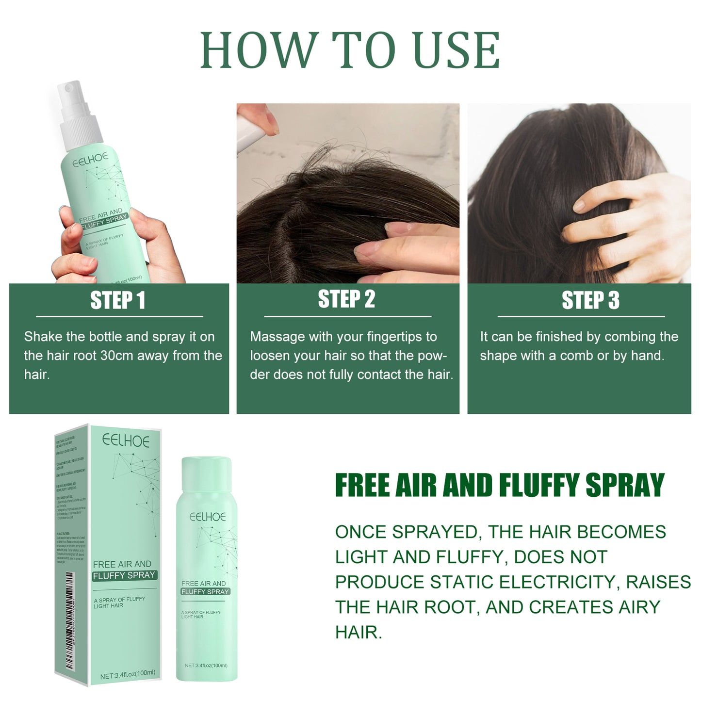 EELHOE Wash-Free Dry Hair Spray Airy Fluffy Oil-Control Dry Shampoo