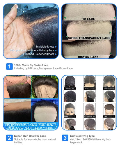 High Quality 100% Brazilian Human Hair Pre-cut Bleached Knots Straight Style 200% Density 13x4 Transparent HD Lace Front Wigs