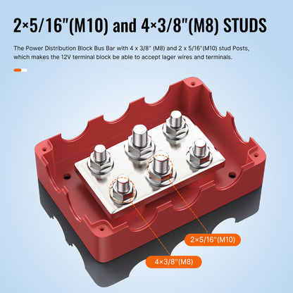 High Current RVs Car Marine Power Distribution Terminal Block 500A 48V 6 Position 4xM8 2xM10 Studs Waterproof Bus Bar Box