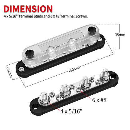 150A Automotive Car Marine Junction Block 4 X M8 5/16" Stud 6x #8 Screws 12V Electrical Copper Bus Bar Distribution Block