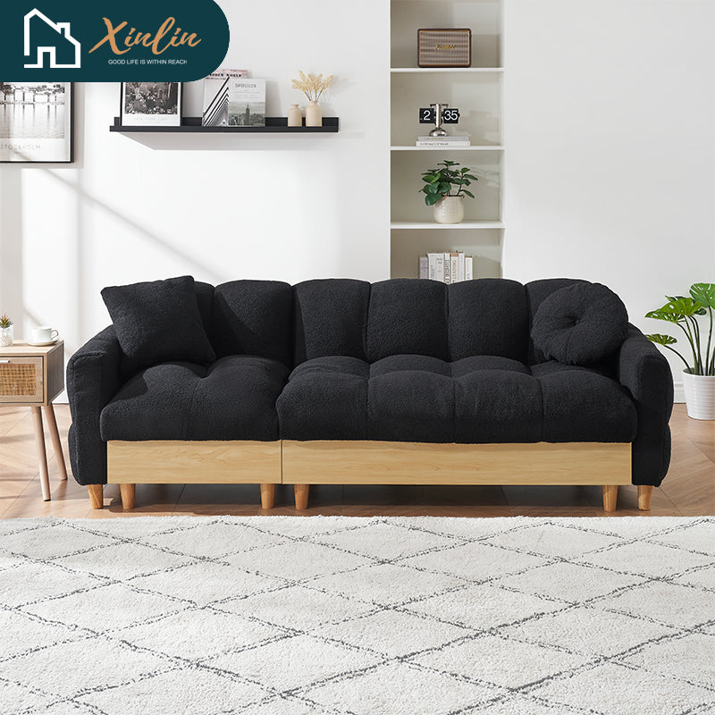 Velvet Black and White 95.3-Inch Two Throw Pillows Spacious and Comfortable 3-Seater Sofa for Living Room and Dining