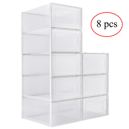 Pack of 8 Transparent and White Shoe Storage Organizers, Stackable Clear Plastic Boxes for Closet, Sneakers