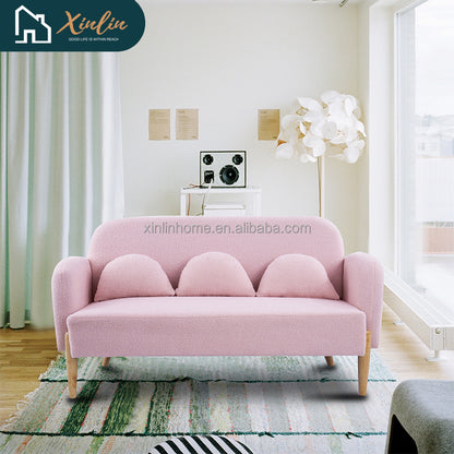 Modern 59.1\" Teddy Pink Velvet Two-Seater Sofa Free Shipping for Living Room Outdoor with Three Lumbar Pillows Fabric Material