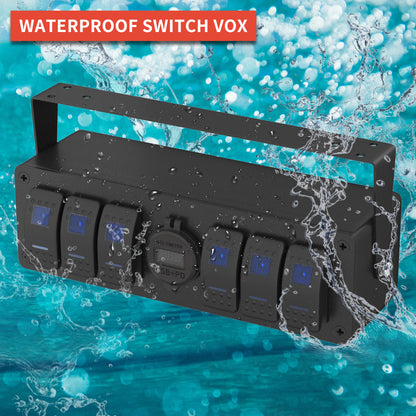 Waterproof  on OFF Dual Blue LED Pre-wired 6 Gang Aluminum Marine Rocker Switch Panel Control Box  With PD3.0 QC3.0 USB Charger