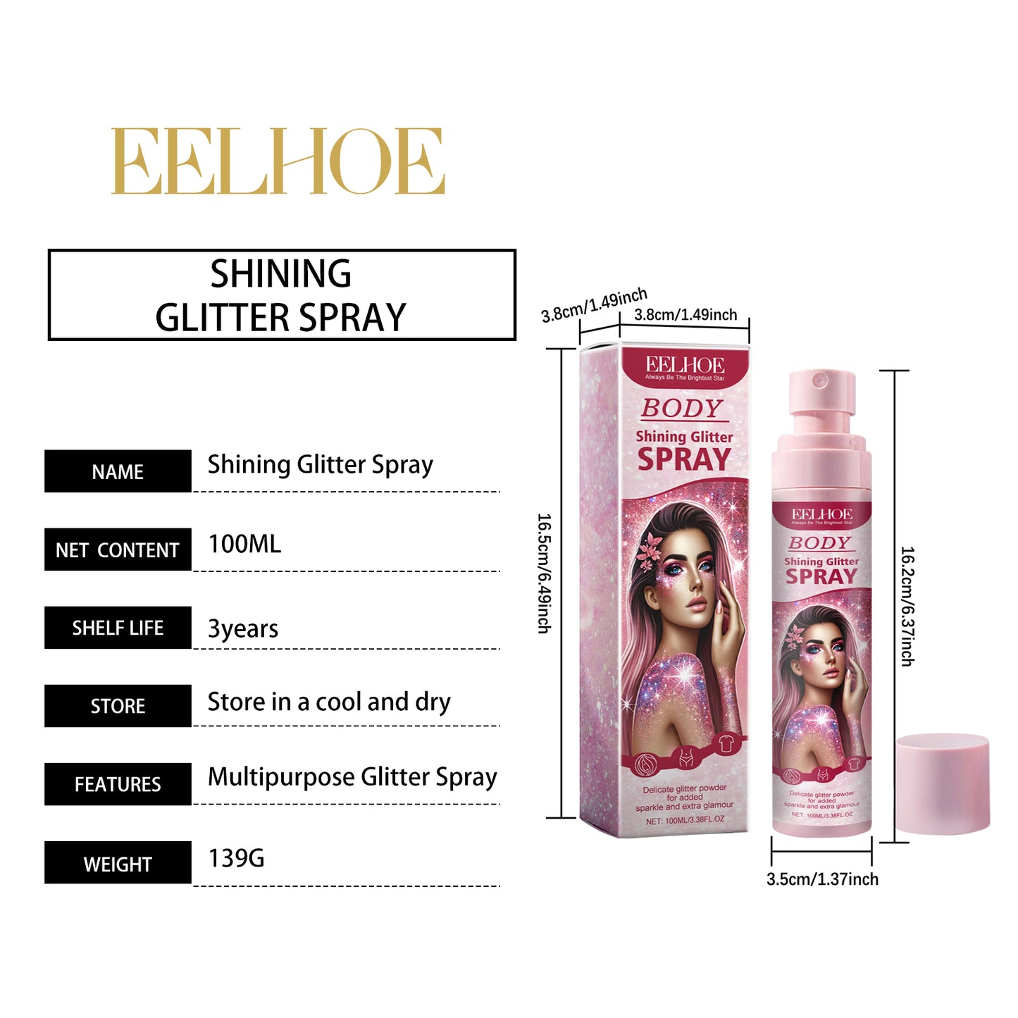 EELHOE Stage Makeup Glitter Spray Face Collarbone Highlighter Glitter Natural Stereo Long-lasting Highlight Spray