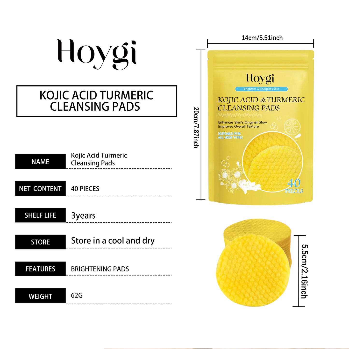 HOYGI Turmeric Kojic Acid Cleansing Pad Facial Skin Pore Cleansing Makeup Remover Gentle Exfoliating Cleansing Pad