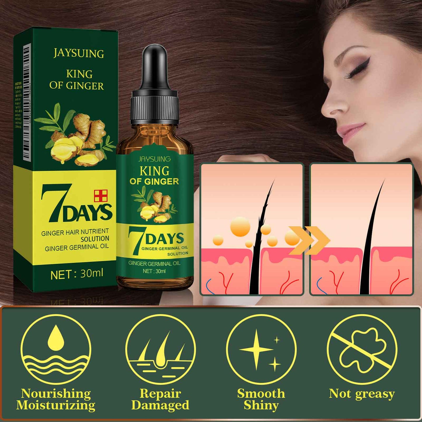 Jaysuing Ginger Hair Care Oil Refreshing Nourishing Scalp Hair Follicle Strengthening Hair Nutrient Solution