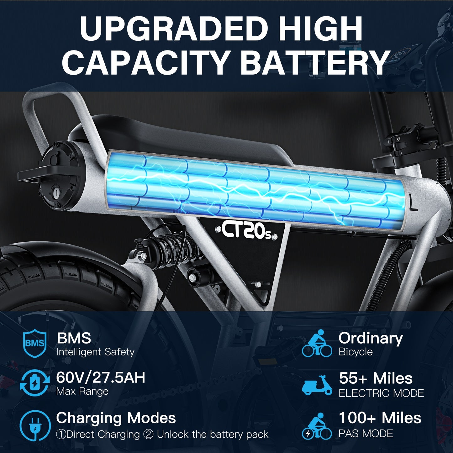 CT20S Electric Bike for Adult 2000W Motor 60V 27.5AH Removable Battery 100Miles Long Range 20x5" Fat Tire Ebike With APP Control