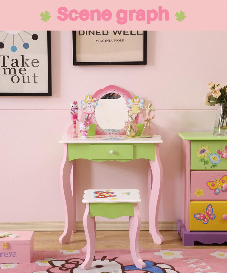 Princess Vanity Make up Table Wooden Dressing Table with Mirror and Stool for Kids