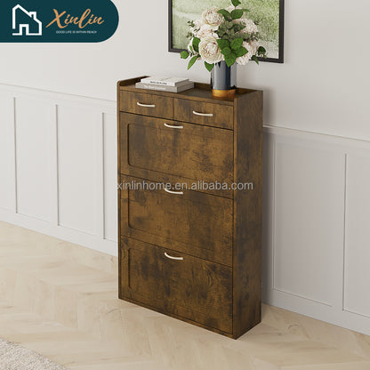 Modern 31.49-Inch Black and Brown Solid Wood Shoe Cabinet Three Layers-for Living Room or Bedroom Home Furniture