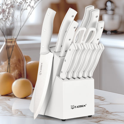 15 Pieces White High Carbon Steel Blade Kitchen Knife Set with Real Wooden Stand, Inner Sharpener, and Kitchen Scissors