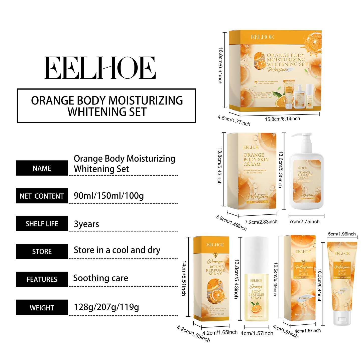 EELHOE Orange Body Moisturizing Whitening Fragrance Gift Set Gentle Moisturizing Hydrating Skin Care Set