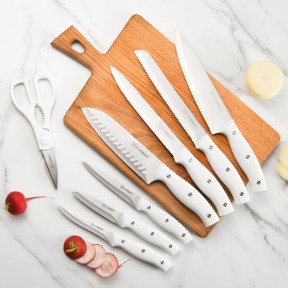 15 Pieces White High Carbon Steel Blade Kitchen Knife Set with Real Wooden Stand, Inner Sharpener, and Kitchen Scissors