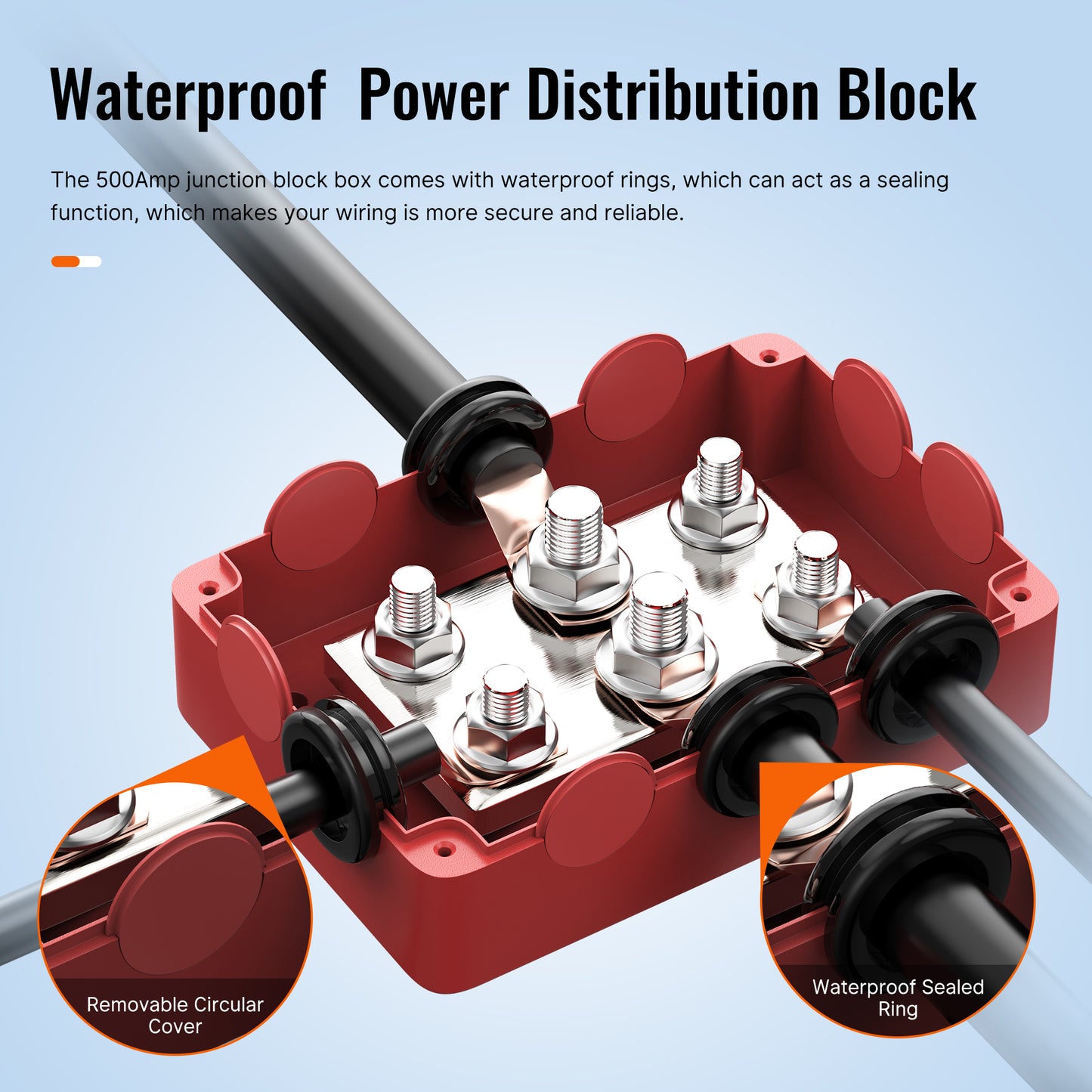 High Current RVs Car Marine Power Distribution Terminal Block 500A 48V 6 Position 4xM8 2xM10 Studs Waterproof Bus Bar Box