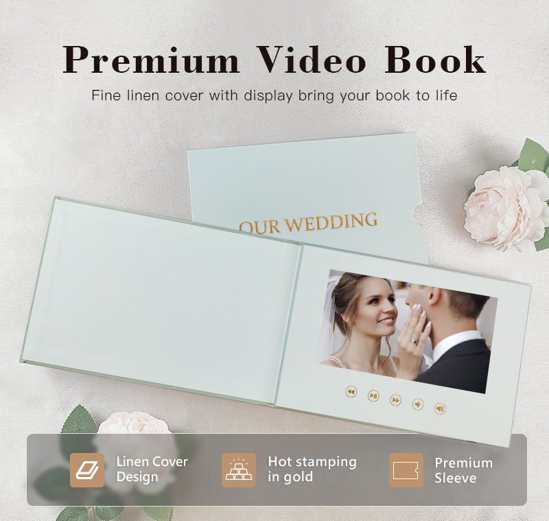 Custom OUR WEDDING GOLD FOIL 7 Inch IPS Video Book Wedding Linen Video Brochure Wedding Video Album