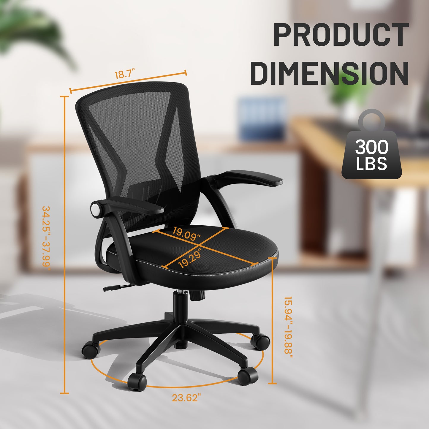 Mid Back Mesh Office Chair, Ergonomic Office Chair with Flip-Up Arms , Swivel Adjustable Computer Desk Chair 300lbs, Black