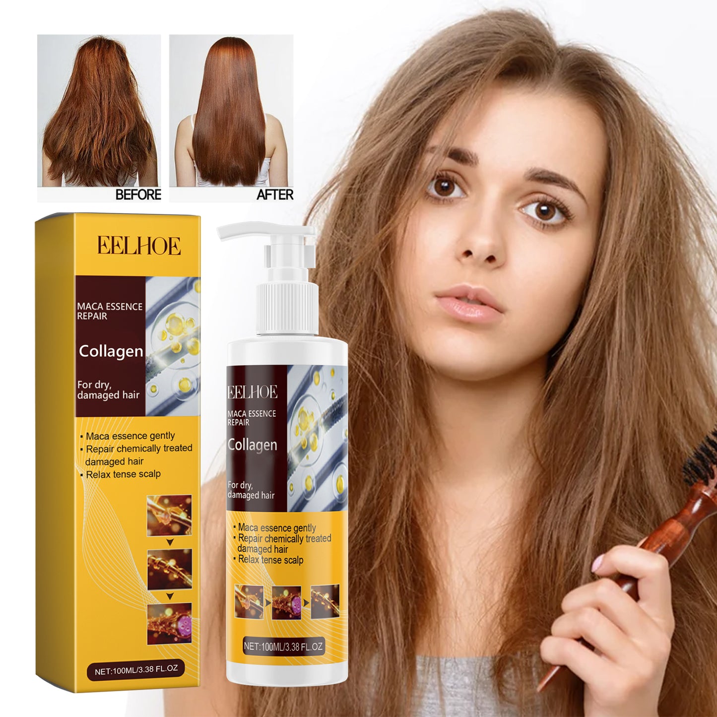 EELHOE Collagen Shampoo Repair damaged hair, reduce split ends, deep clean, smooth and shiny