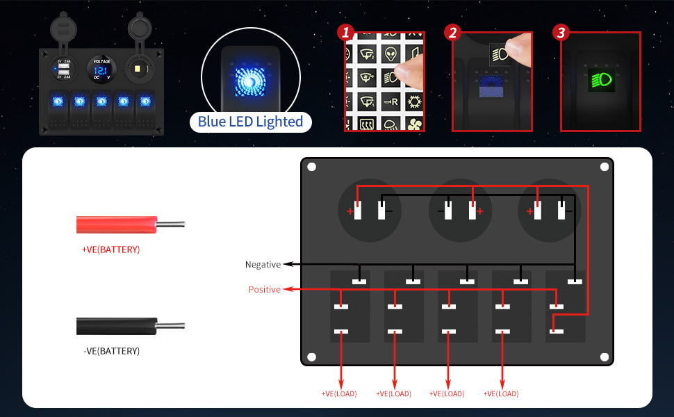 20A Blue Single Light 3 Pin Rocker Switch ON/OFF Pre-wired 5 Gang Marine Switch Panel Aluminum Metal Switch Panel