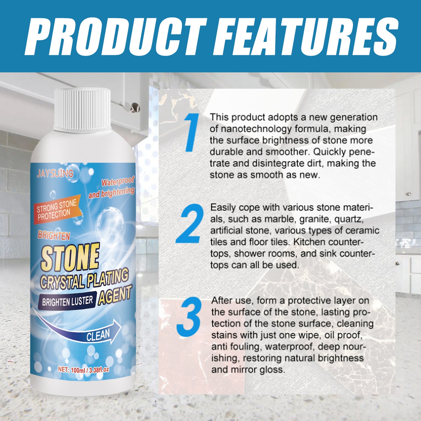 Jaysuing Stone Crystal Plating Agent Kitchen Quartz Tile Countertop Scratch Repair Cleaning Stain Brightening Agent