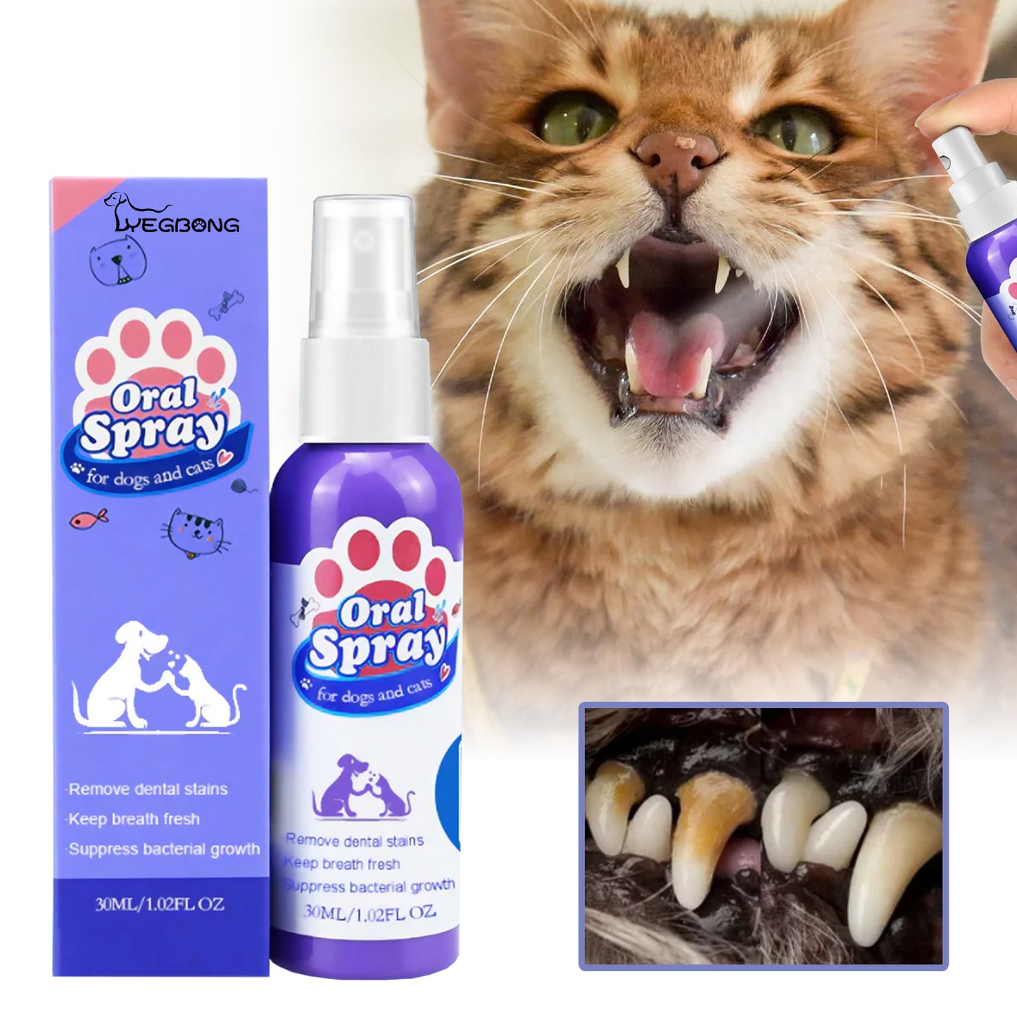 Yegbong Cat and Dog Teeth Cleaning Spray Stain Removal Fresh Breath Pet Oral Care Spray