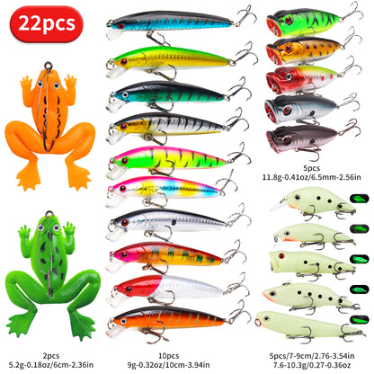 22pcs/set Hard Lure Bait Soft Frog Popper Minnow Pencil VIB Luminous Lure Kit Durable Hooks Realistic Action Ideal