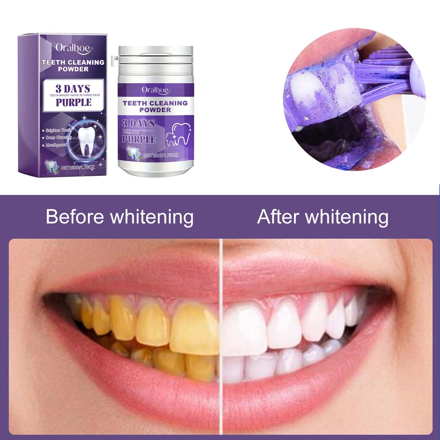 Oralhoe Purple tooth cleaning powder Fresh Breath Tartar Calculus Whitening Tooth Powder Oral Care