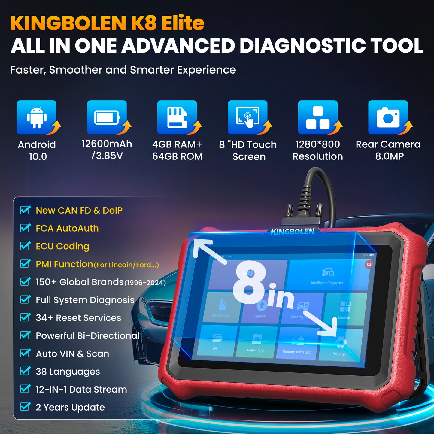 Kingbolen K8 Elite Full System OBD2 Scanner Car Diagnostic Tool Machine 28 Resets ECU Coding As  X431 PROS ELITE