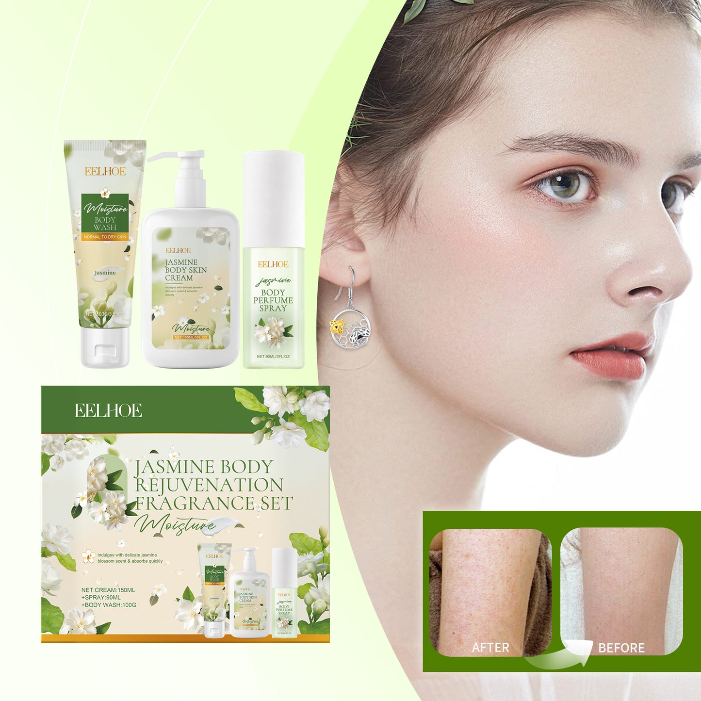 EELHOE Jasmine Body Care Set Gentle Cleansing Moisturizing Body Skin Jasmine Light Fragrance Long-lasting Fragrance