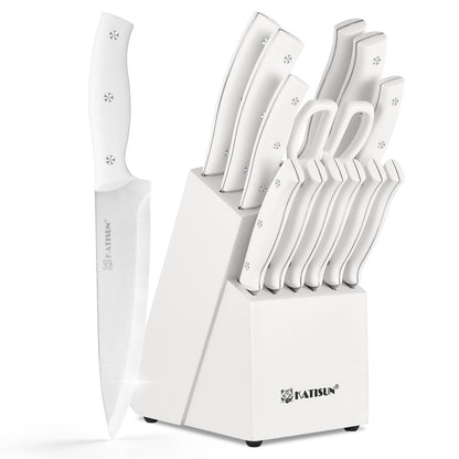 15 Pieces White High Carbon Steel Blade Kitchen Knife Set with Real Wooden Stand, Inner Sharpener, and Kitchen Scissors