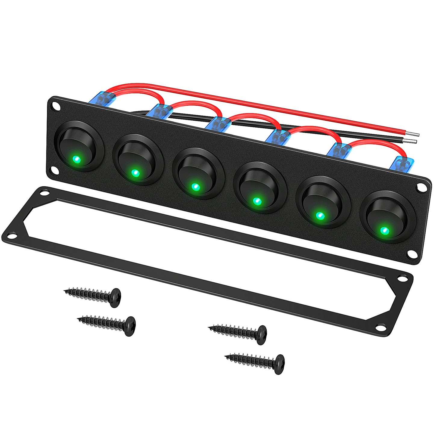 Black Aluminum 6 Gang Marine Switch Panel Waterproof 20A 3Pin on OFF Light Switch Plate Round Rocker Switch Illuminated Green